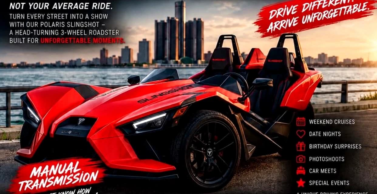 Red manual Polaris Slingshot parked along the Windsor waterfront