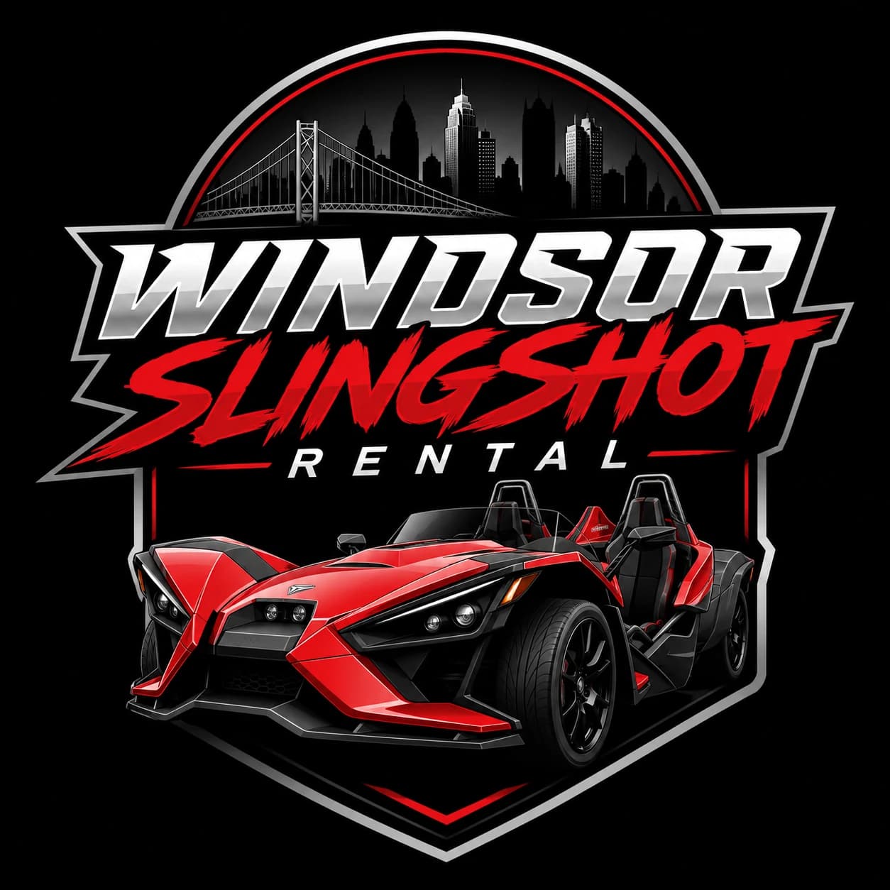 Windsor Slingshot Rental logo with red Polaris Slingshot and Windsor skyline